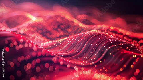 Energetic red waves crisscrossing, virtual connections, macro perspective, abstract bokeh, soft shimmer
