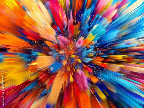 Explosion of colors from a central point, high speed, wide angle, 3D render of dynamic visual impact