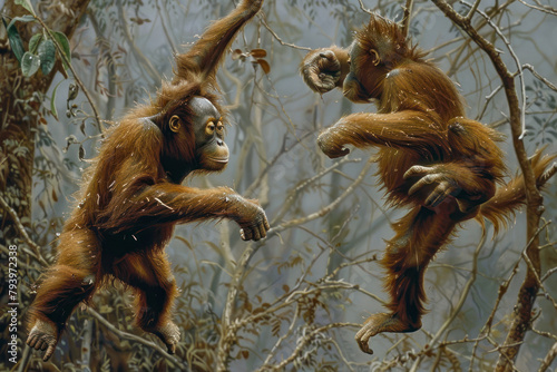 Two orangutans engage in a playful game of tag among the branches.