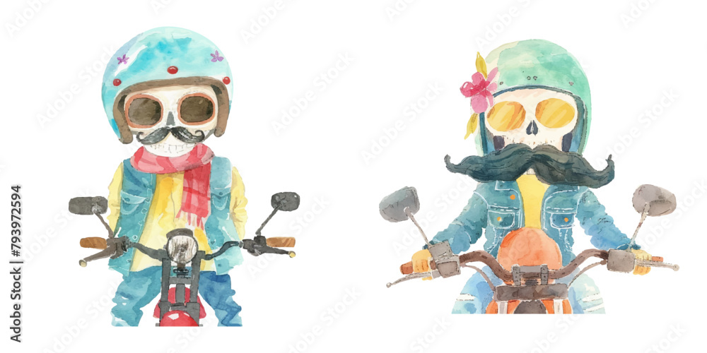Obraz premium retro skull biker watercolor vector illustration