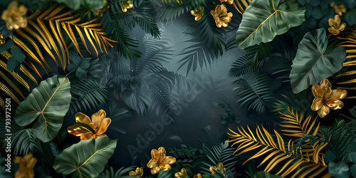 Lush Jungle with Ferns and Golden Flowers Background  Dense Jungle Foliage with Golden Blooms Background - Ai Generated