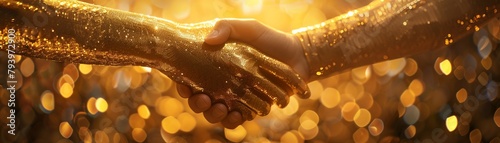 Golden handshake between business avatars, success aura, studio lighting, eye-level view photo