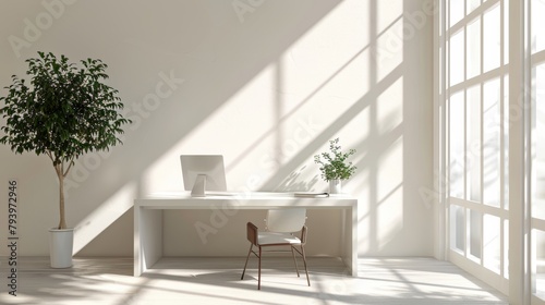 Minimalist ivory room with a large sunlit window  casting gentle shadows on a sleek modern desk  serene and spacious