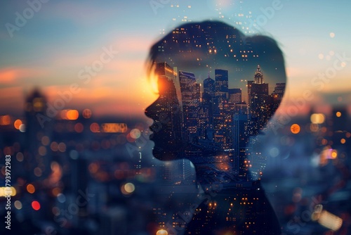 Human profile with thriving cityscape heart, digital render, twilight ambiance, lively districts photo