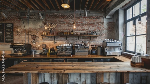 Rustic coffee shop interior, minimalist style with old brick walls, wooden counters and industrial hanging lights