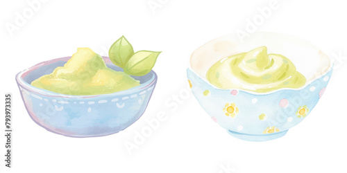 wasabi on bowl watercolor vector illustration