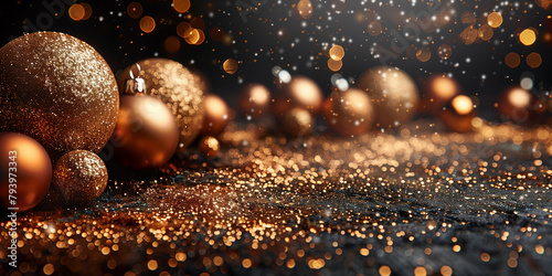 Gold abstract bokeh background. Christmas golden balls on gold shiny bokeh background. Abstract gold bokeh with black background. Merry Christmas and Happy New Year banner with copy space. 