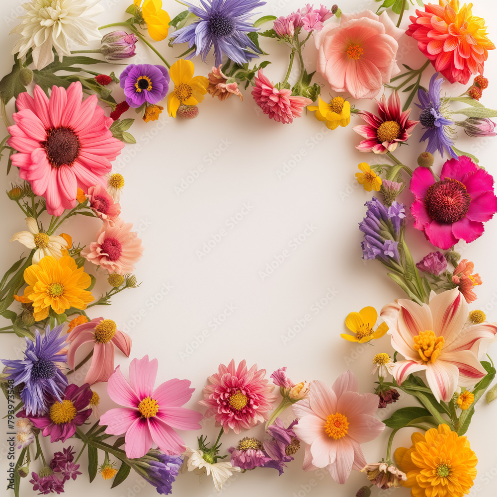 Vibrant floral frame made of fresh spring flowers Vibrant floral frame made of fresh spring flowers