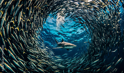Le requin en train de chasser dans un banc de sardine en plein océan photo