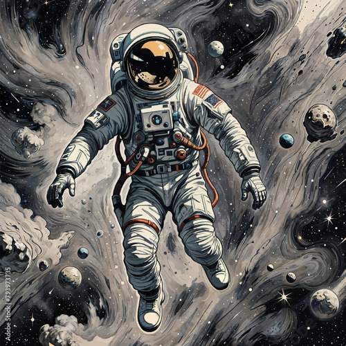 Astronaut in spacesuit. Astronaut floating in open space. EPS version.	