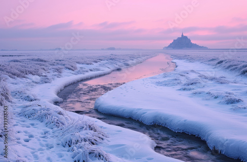 Abbaye du Mont-Saint-Michel au petit matin sous la neige de l'hiver photo