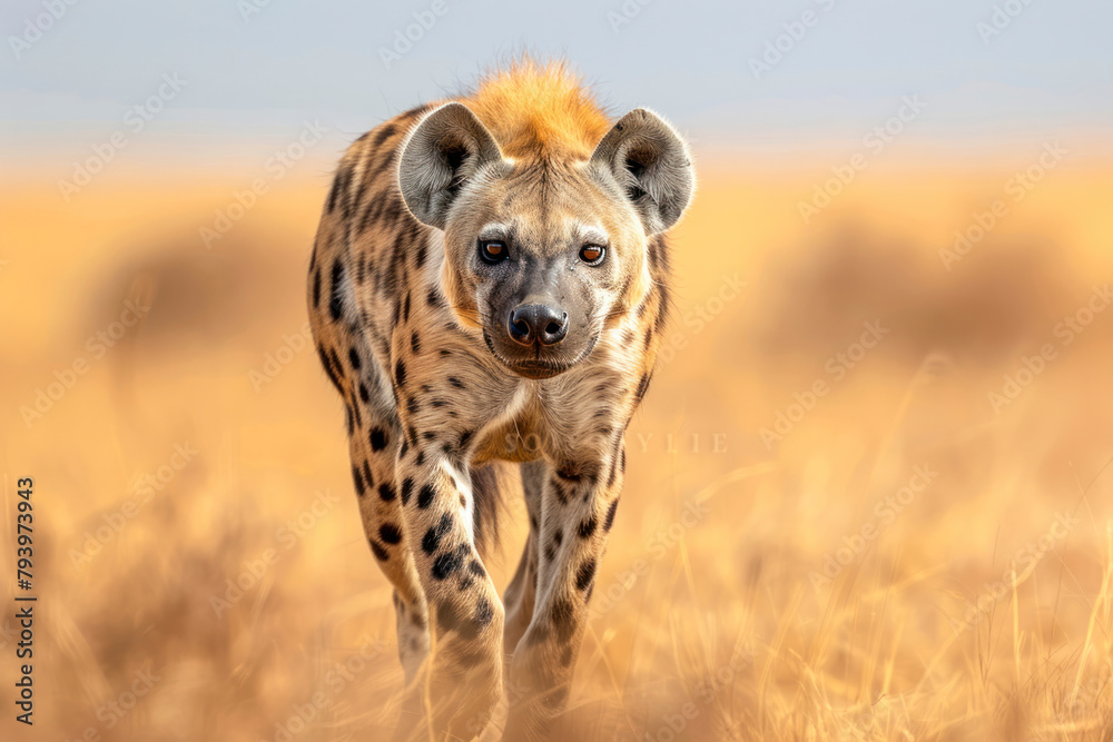 A spotted hyena patrols its territory on the African savannah. A spotted hyena patrols its territory on the African savannah.