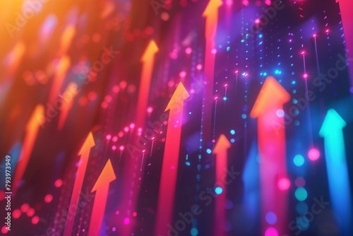 Rising digital arrows on a financial chart, growth trend, vibrant colors, wide view, sharp clarity