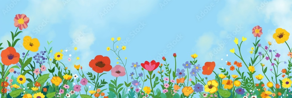 A vibrant display of wildflowers blooms against a sky blue background, celebrating the beauty of summer flora