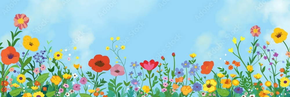 A vibrant display of wildflowers blooms against a sky blue background, celebrating the beauty of summer flora A vibrant display of wildflowers blooms against a sky blue background, celebrating the beauty of summer flora
