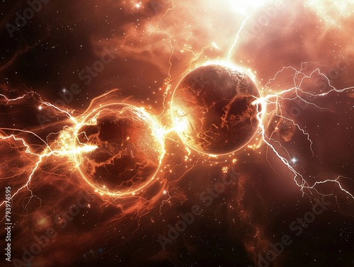 Two orbs colliding, electric sparks, deep space setting, wide-angle view, high contrast