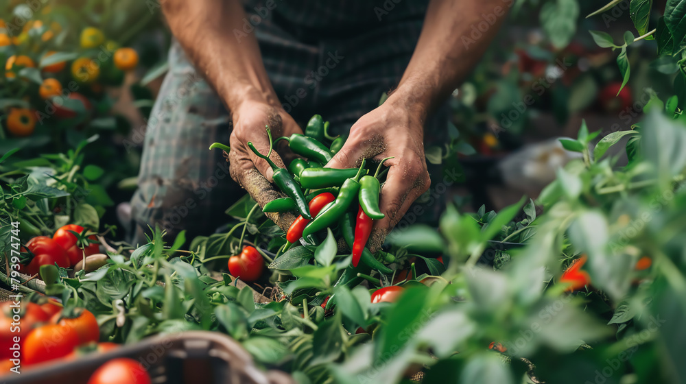 Fototapeta premium Home gardener harvesting a bunch of ripe chillies from lush plants in a backyard garden, showcasing homegrown produce and sustainable living.