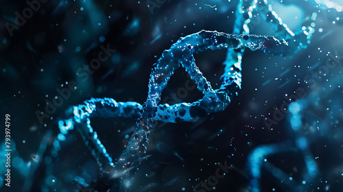 Dark science background with a dynamic arrangement of blue DNA strands.