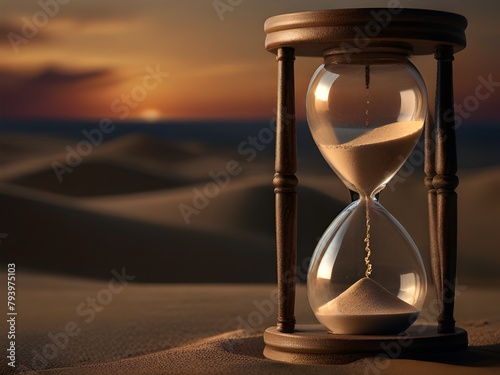 Lovely transparent hourglass with flowing sand on a lovely dark background. Generative AI