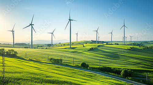 Innovative farm landscape with a series of large wind turbines standing tall among green fields under a clear blue sky, symbolizing sustainable agriculture.