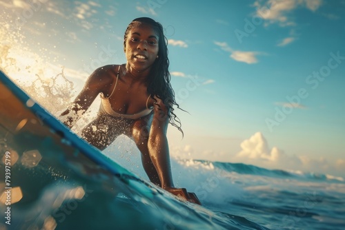 tThe black woman found solace and joy, her surfboard a vessel for self-expression and liberation, allowing her to enjoy a lifestyle defined by the pursuit of adventure and the pursuit of freedom © Milos