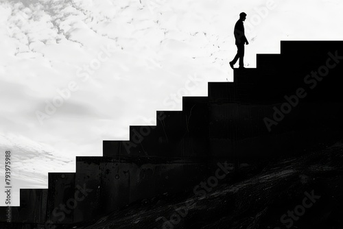 Adult silhouette climbing outdoor steps with cloudy sky background, conveying themes of progress and aspiration