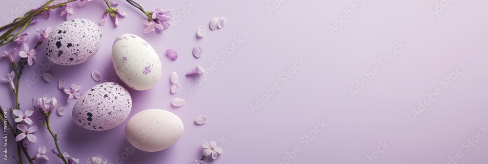 An elegant flat lay of speckled Easter eggs surrounded by spring blossoms against a purple backdrop, signifying rebirth An elegant flat lay of speckled Easter eggs surrounded by spring blossoms against a purple backdrop, signifying rebirth