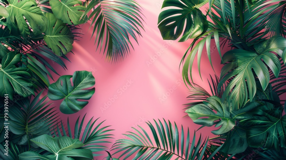 Tropical leaves and vibrant pink background create a lush natural frame with room for text or design elements