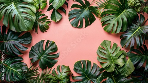 Tropical monstera leaves framing a bright coral backdrop  ideal for adding a natural touch to your design space