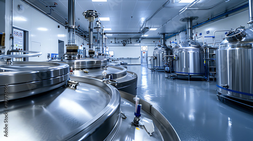 Modern biotech facility showcasing large fermenters used for the cultivation of microorganisms, vital for producing pharmaceuticals and biofuels. photo