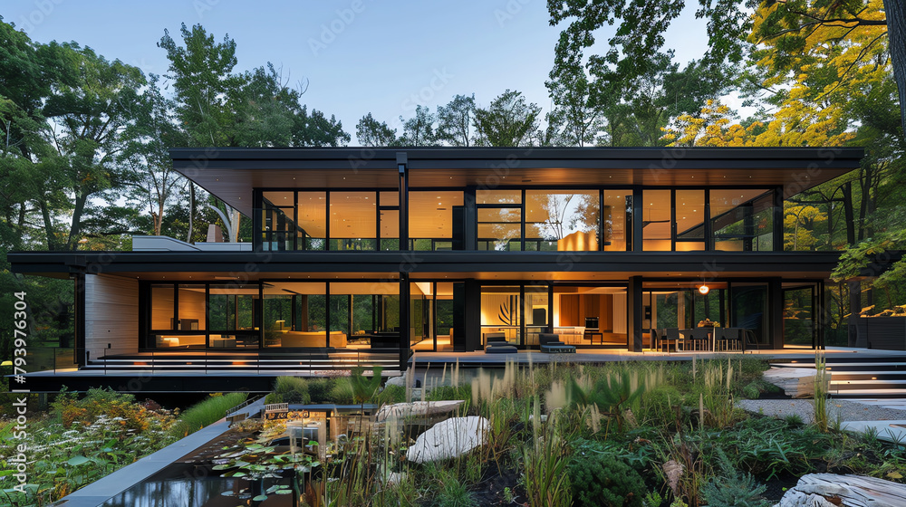Modern minimalist house with large glass windows and a flat roof, nestled in a tranquil natural setting, emphasizing sleek architecture and indoor-outdoor living.