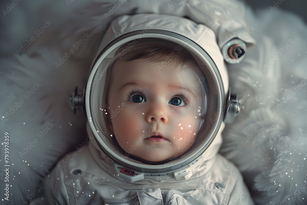 Baby child in a spacesuit, an astronaut, looks fascinated around in space at the stars, planet Earth, neon light blue Baby child in a spacesuit, an astronaut, looks fascinated around in space at the stars, planet Earth, neon light blue