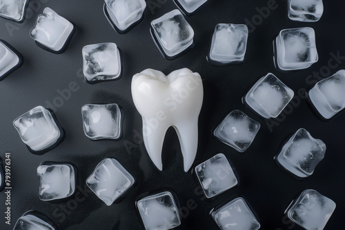 Human tooth surrounded by ice cubes isolated on black background