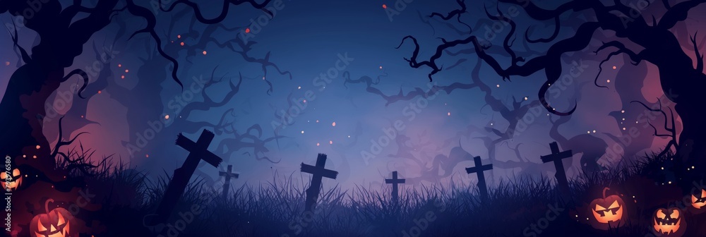 The eerie Halloween-themed digital artwork conveys ominous mystery with silhouetted trees, graves, and glowing jack-o-lanterns