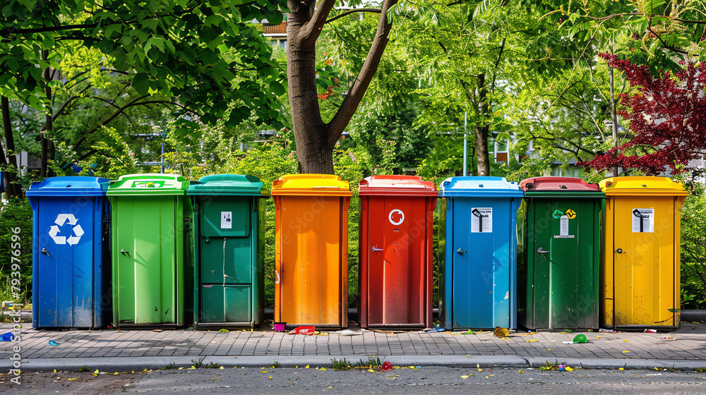 Neat row of colorful recycling bins in a park, each labeled for different materials like glass, paper, and plastics, promoting environmental awareness. Neat row of colorful recycling bins in a park, each labeled for different materials like glass, paper, and plastics, promoting environmental awareness.