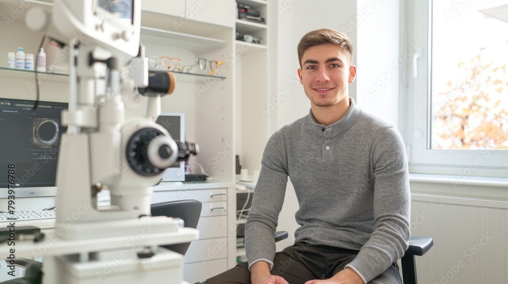 A young optician sits in a chair and smiles. A young optician sits in a chair and smiles.