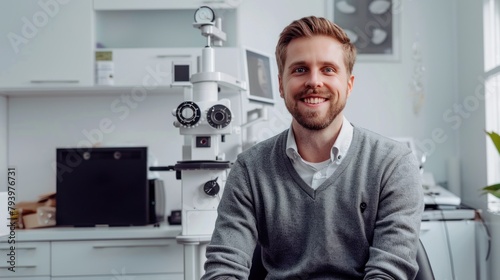 A young optician sits in a chair  smiling  looking at the camera about his eyelid loss. On the side there is a modern eye ring measuring device in a white office.
