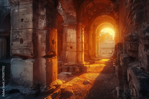 The warm glow of sunset bathes ancient ruined arches and columns, casting shadows and a sense of historical wonder. photo