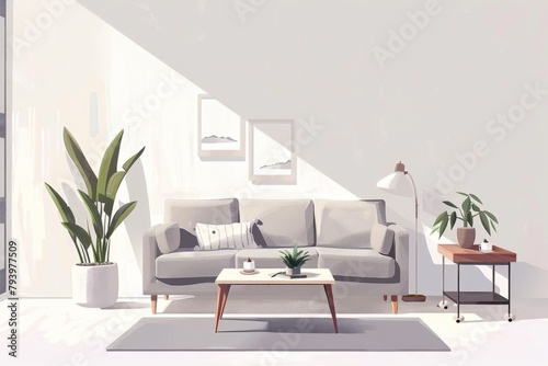 Modern living room with minimalist furniture  neutral colors  and cozy textiles on a clear white background.