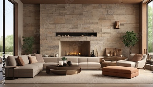 Dallas, Texas - May 27th 2023: a home living room with a stone fireplace 