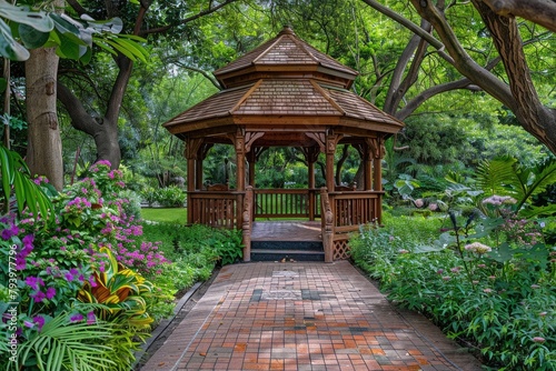 Stylish Wooden gazebo in a beautiful green garden