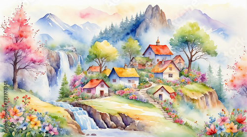 Village in the valley surrounded by waterfall and stream covered by flowers blossom, watercolor painting style, generative AI.