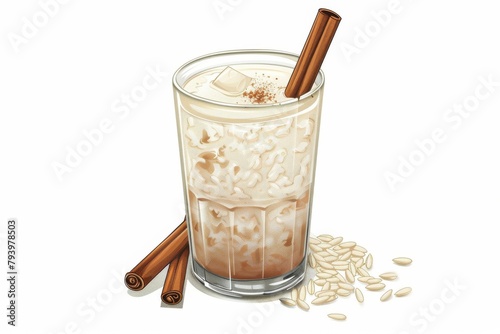 A delicious glass of traditional Mexican horchata made with rice, cinnamon, and sugar. Perfect for a hot summer day. photo