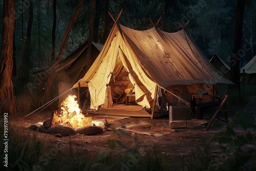 A cozy canvas tent lit by a warm campfire glow in a rustic setting.