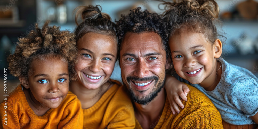 happy loving parents and their children, family photo looking at camera, family day, banner