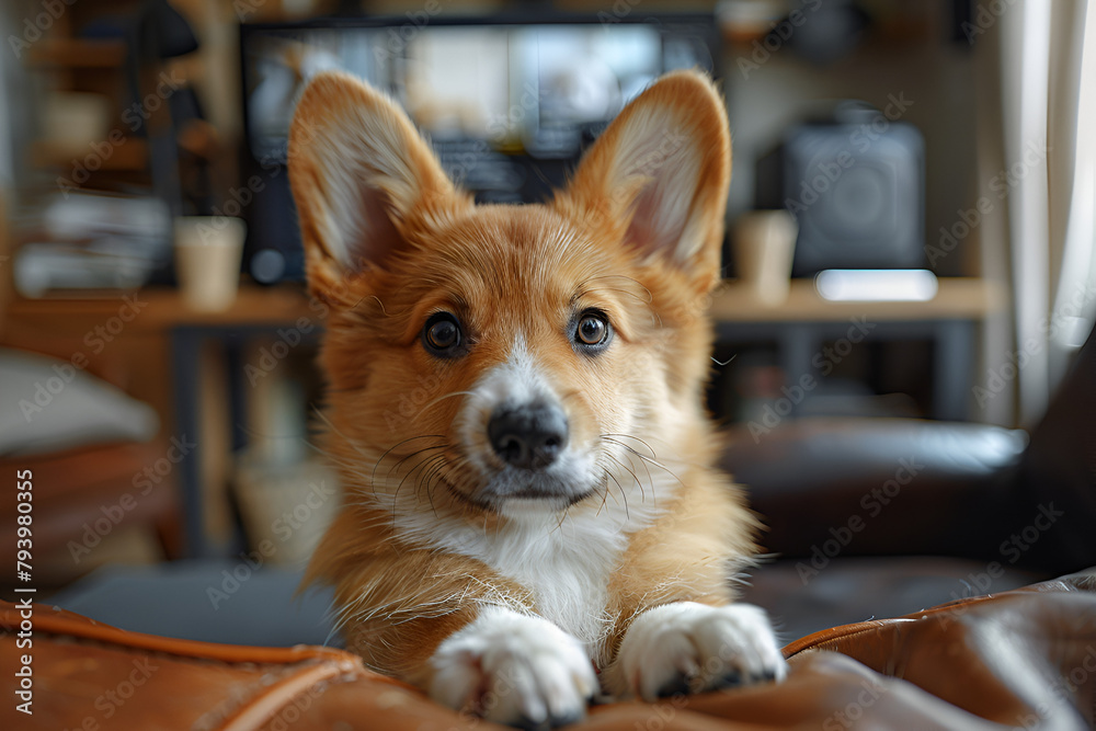 Cute Corgi Puppy Engaging in Video Conference,
Cute corgi dog lies in an orange sofa
