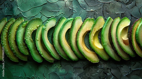 Fresh green avocado slices arranged in a seamless pattern on a cracked green background, depicting healthy eating and natural food concepts with a textural contrast. photo