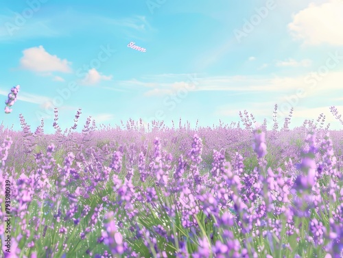 A field of lavender underclear blue summer sky in full bloom.