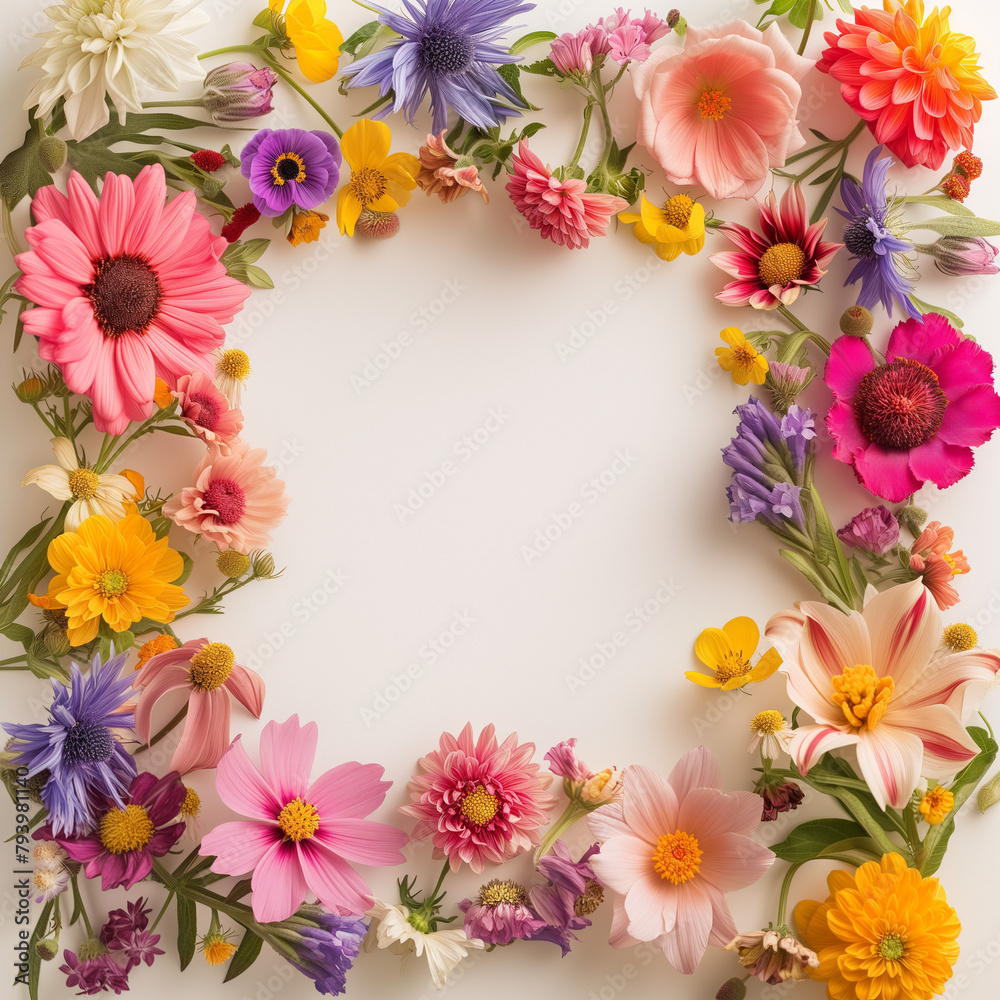 Vibrant floral frame made of fresh spring flowers