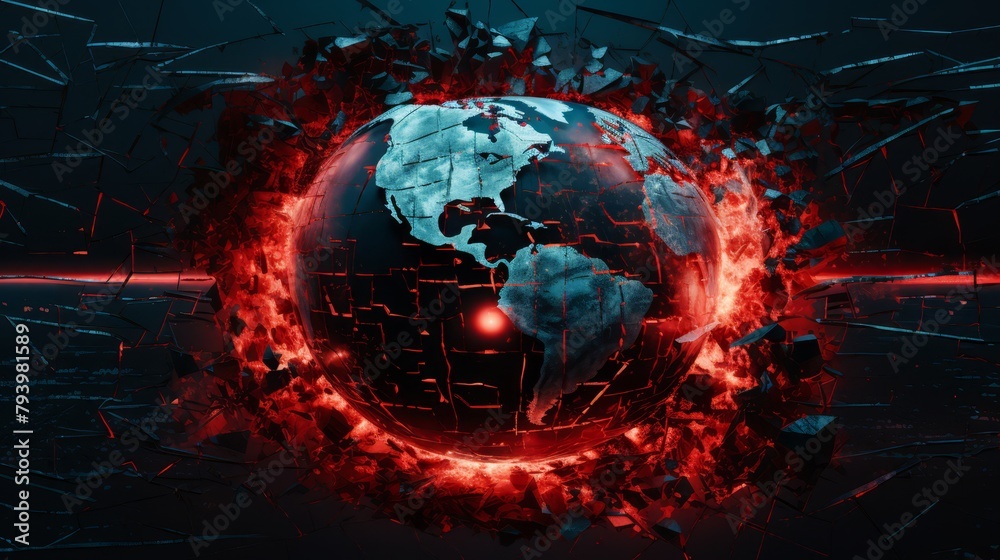 A data breach visualized as a crack spreading across a digital globe, alarming red highlights - obrazy, fototapety, plakaty 